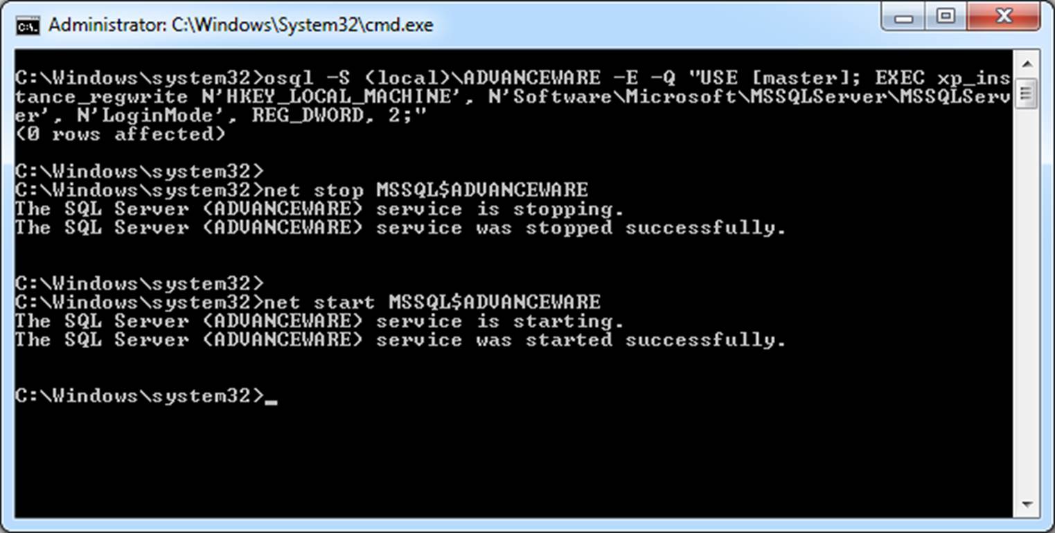 Administrator: C:\Windows\System32\cmd.exe <br>-S -E -Q "USE EXEC xp_ins <br>tance_regwrite N' , N' <br>er', N' REG_DWORD, 2;" <br>rows affected) <br>C: \Windows ysten32> <br>stop MSSQL$ADUANCEWARE <br>The SQL Server <ADUANCEWARE) seru ice is stopping. <br>he SQL Server service was stopped successfully. <br>C: start MSSQL$ADUANCEWARE <br>The SQL Server <ADUANCEWARE) service is starting. <br>he SQL Server (ADVANCEWARE> service was started successfully. <br>C: Windows ysten32>
